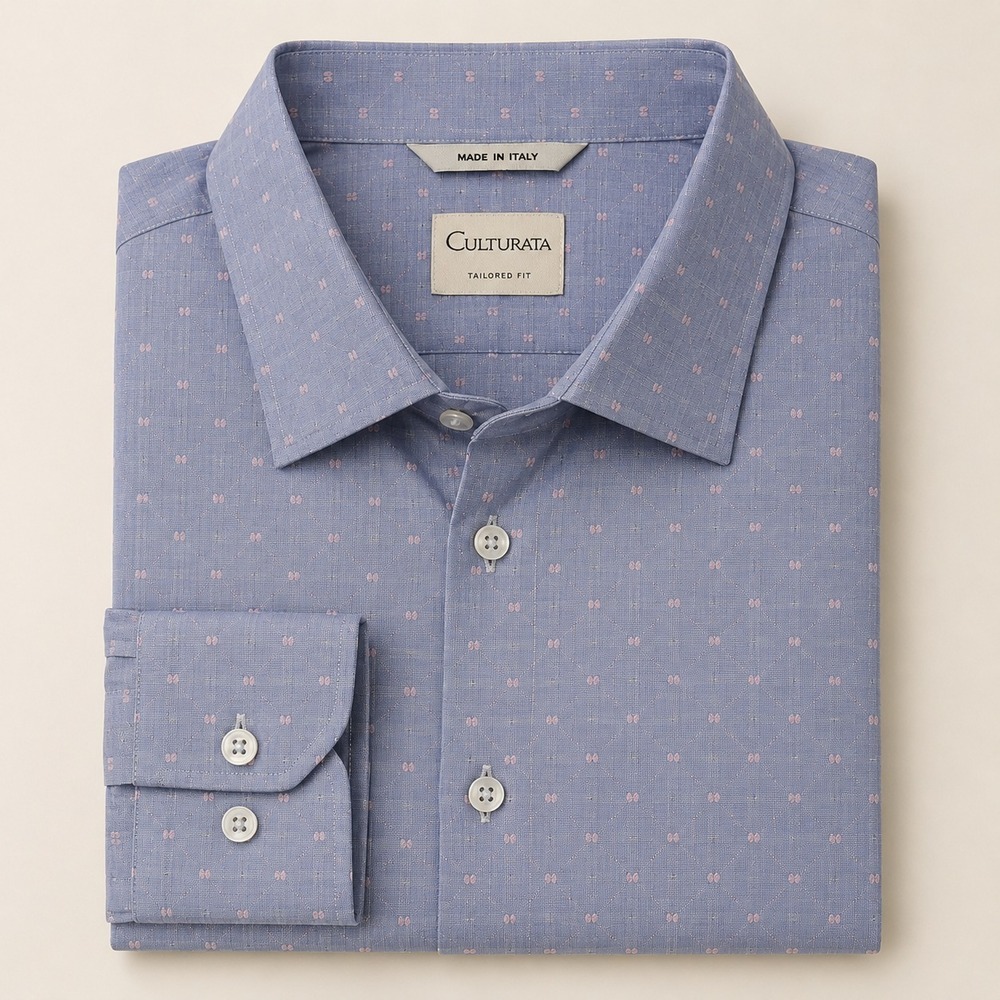 Culturata Button Front Dress Shirt Men's 17.5" XL Blue Pink Swiss Dot Preppy